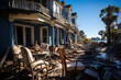A damaged home with furniture strewn amid debris, aftermath of a calamity, under clear skies.
