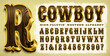 An ornate cowboy alphabet with wood and metal 3d effects, great for posters, branding, rodeos, country music, etc.