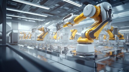 Poster - Robotic arm automation in a bustling industry factory with advanced machinery.