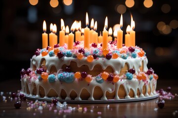 Poster - Colorful birthday cake with lots of candles. Generative AI.