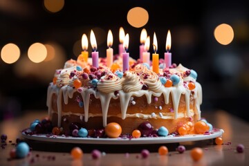 Poster - Colorful birthday cake with lots of candles. Generative AI.