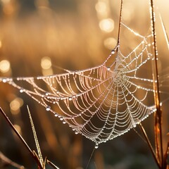 Poster - A spider web with water droplets on it. Generative AI.