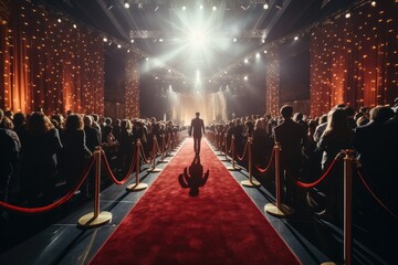 Aufkleber - Red carpets, lights left and right of the carpet, And photographers with cameras taking pictures of famous men and women. Generative AI.