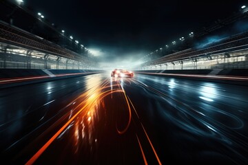 Poster - Illuminated racing track, High-speed motion blur, City lights in the backdrop. Generative AI.
