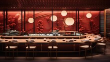 A High-end Sushi Counter In A Square Wooden Red Room. Generative AI.