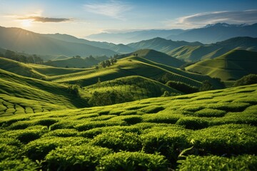 Wall Mural - A valley green tea fields. Generative AI.