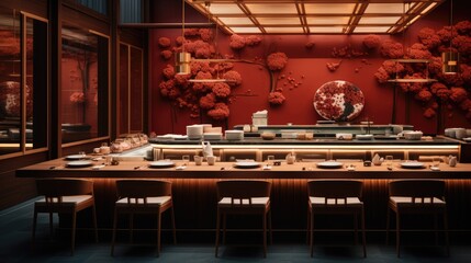 Poster - A high-end sushi counter in a square wooden red room. Generative AI.