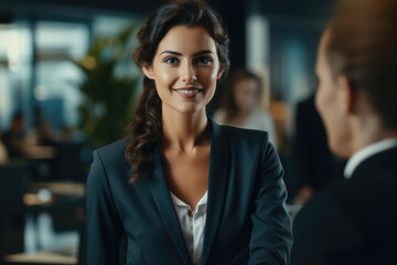 Canvas Print - Happy mid aged business woman manager handshaking greeting client in office. Generative AI.