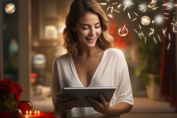 Poster - Beautiful woman playing game on tablet, Excited, Smiling, Happy. Generative AI.