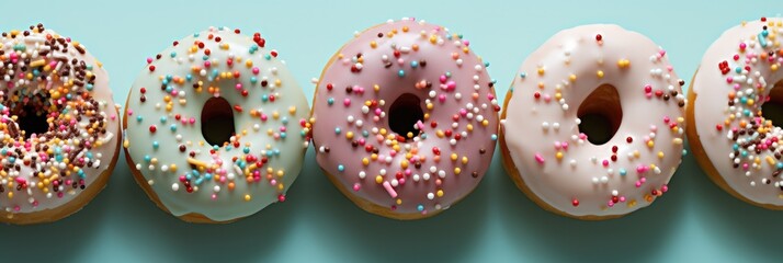 Poster - Flat lay glazed doughnuts with colorful sprinkles on a pastel mint green background, Top view. Generative AI.