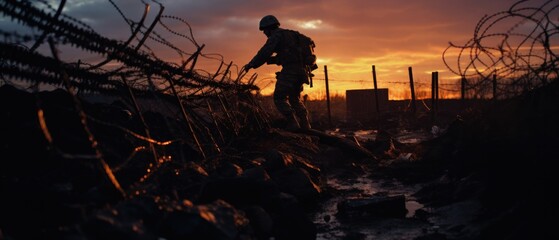 Poster - A soldier walks through a barbed wire fence at sunset. Generative AI.