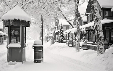 Canvas Print - A black and white photo of a snow covered street. Generative AI.