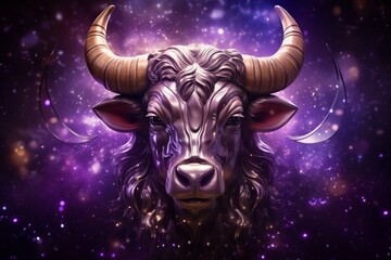 Wall Mural - Taurus zodiac sign, bull astrological design, astrology horoscope symbol of april may month background with cosmic animal head in a purple mystic constellation