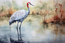 Watercolor Picture Of A Crane.