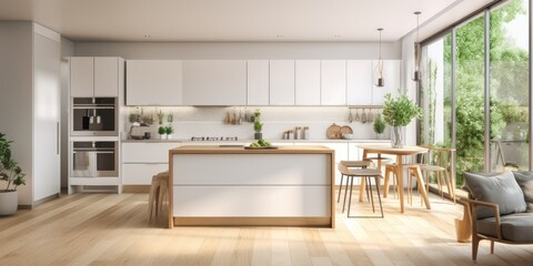 Sticker - Contemporary kitchen with white furniture, wooden floors, and built-in appliances.