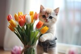 Fototapeta Zwierzęta - Cute cat wearing colorful clothes holds bouquet of white tulips