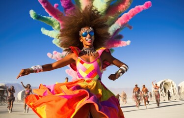 Sticker - A woman in a colorful dress dancing in the desert. Generative AI.