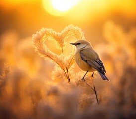 Sticker - A bird is sitting on a heart shaped plant. Generative AI.