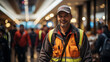 A cheerful man stands confidently in his high-visibility jacket and life jacket, walking down the bustling street with a smile on his face, his trusty hat and vest completing his stylish outdoor ense