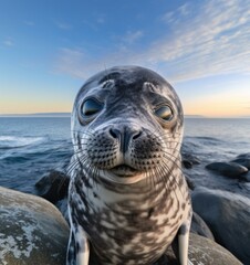 Poster - A chubby seal pup with big round eyes rests on dark rocks by the ocean, its fluffy white fur contrasting beautifully with the rugged beach. Generative AI.