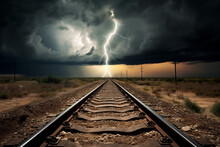 Photo Of Railroad Tracks Headed Off Into The Horizon Of A Dark Cloud And Lightning