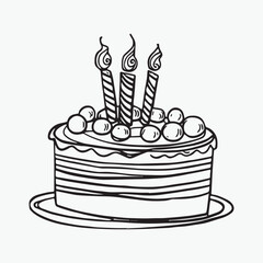 Birthday cake coloring page hand drawn black and white colors