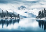 Fototapeta Góry - A serene mountain lake surrounded by snow-capped peaks, captured from a panoramic view. The image