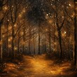 Mystical forest at night with moonlight and snowflakes