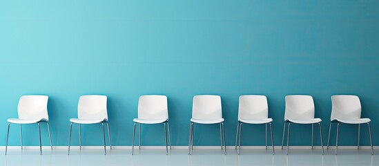 Poster - Minimal waiting room with modern white chairs against blue wall