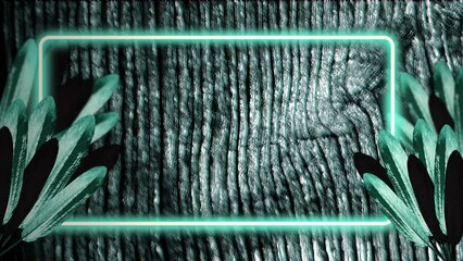 Poster - Animation of leaves, neon frame over green texture and copy space on black background