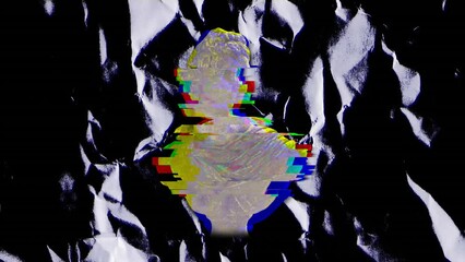 Poster - Animation of ancient sculpture and moving blue texture and copy space on black background