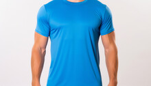 A Vibrant Blue Sports T-shirt Mockup On A Muscular Man Against A White Background.