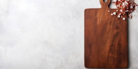 Wall Mural - Top view of a wooden cutting board with sea salt, pepper, on a white stone table. Copy space.