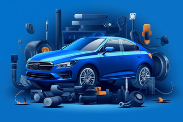 Poster - Car repair service. The application for the diagnosis of the machine, Machine and spare parts in the plane. Generate Ai