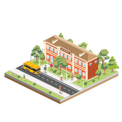 isometric school building with yellow bus isolated on white background. trees and road. man goes to 