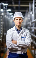 Wall Mural - A confident food safety inspector checks equipment in a bustling factory, ensuring high standards of hygiene and safety. Generative AI.