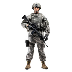 Portrait of soldier with rifle standing isolated on a transparent background. PNG element.