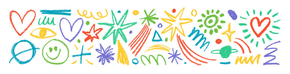 Collection colorful charcoal doodle elements like stars, planets, hearts, crescent moon and smile.