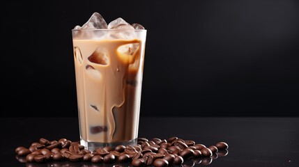 Iced coffee with ice cubes and coffee beans, a refreshing and energizing beverage.