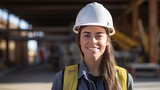 Fototapeta  - photo of a contented female engineer working on the project while donning a hard hat, a high-vis vest, and ppe