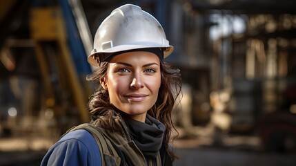 Wall Mural - photo of a contented female engineer working on the project while donning a hard hat, a high-vis vest, and ppe