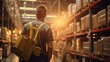 A man standing in a warehouse, carrying a yellow backpack. This image can be used to depict concepts of storage, logistics, or transportation