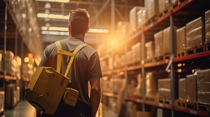 Poster - A man standing in a warehouse, carrying a yellow backpack. This image can be used to depict concepts of storage, logistics, or transportation