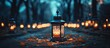Selective focus captures shallow depth of field with lanterns illuminating the cemetery at night.