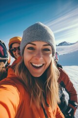 Canvas Print - A group of people captured in a fun moment as they take a selfie in the snow. Perfect for winter-themed projects and social media campaigns