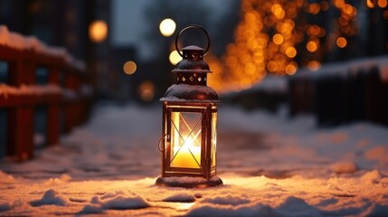 Sticker - A lantern glowing brightly amidst a snowy landscape. This image can be used to depict winter scenery or add a warm and cozy ambiance to any project