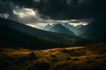 Wall Mural - Mountain landscape with an evergreen forest and a meadow, in dramatic mood with dark clouds and warm dimmed light