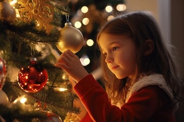 A little girl is decorating a Christmas tree. This image can be used to depict the joy and excitement of the holiday season