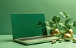 Green computer laptop on green background, sale banner, Cyber Monday sale, Generative Ai