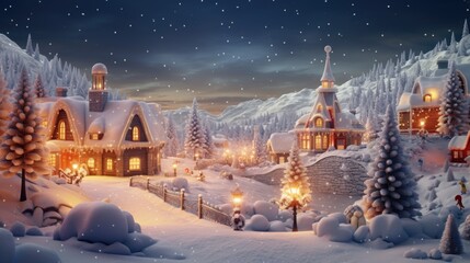 Poster - A picturesque winter scene of a village covered in snow during Christmas. This image can be used to create a cozy holiday atmosphere or to illustrate the beauty of winter landscapes